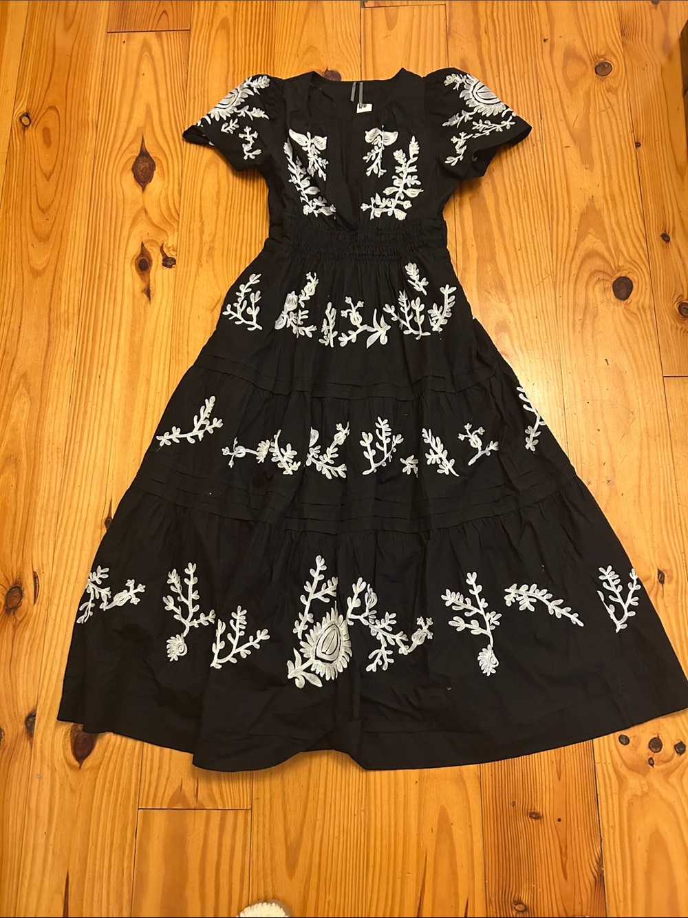 Anthropologie Black Maxi Dress with White Floral Embroidery
